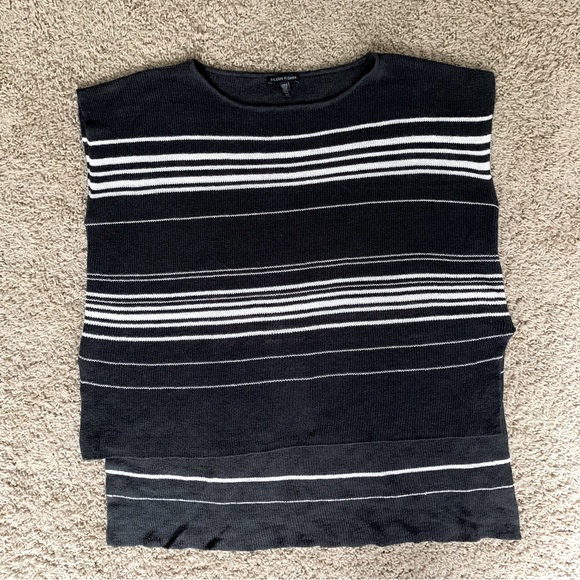 Eileen Fisher Organic Linen Knit Boxy Short Sleeve Poncho Striped Top Graphite/… - Picture 10 of 10